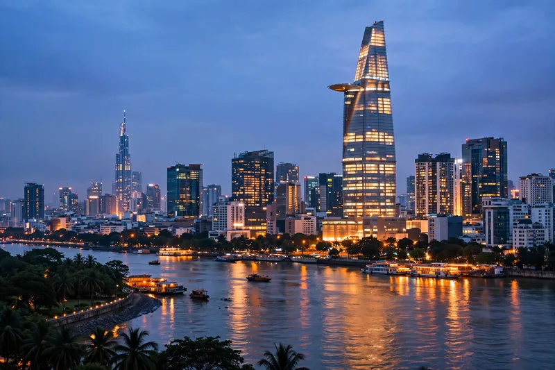 Ho Chi Minh City skyline at dusk with the Bitexco tower glowing above the Saigon River