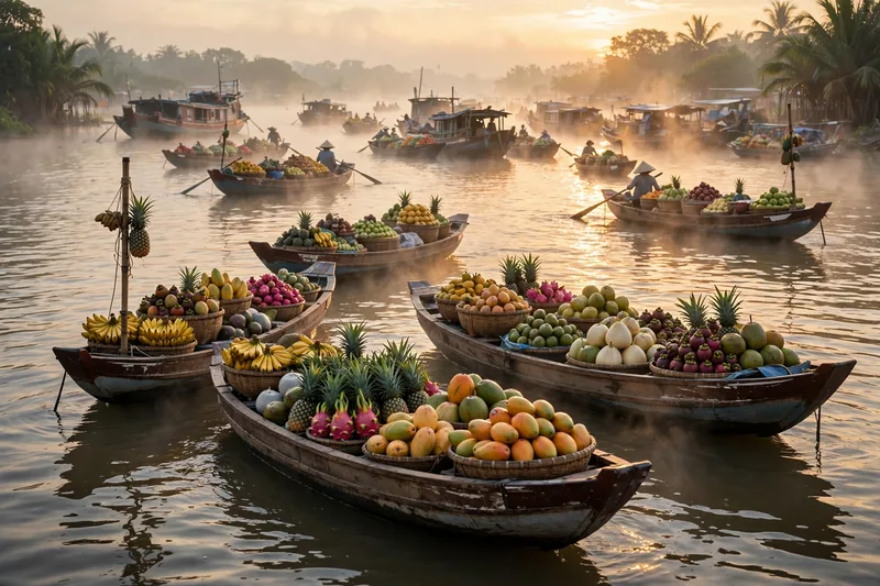 Floating market boats at sunrise on the Mekong River with vendors selling fruit and golden mist over the water