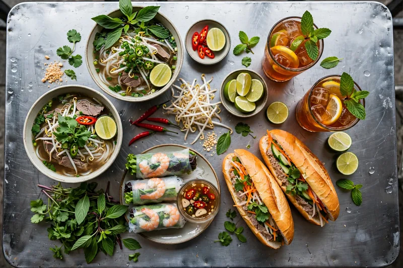 Overhead view of a Vietnamese street food feast with pho banh mi spring rolls and fresh herbs on a metal table