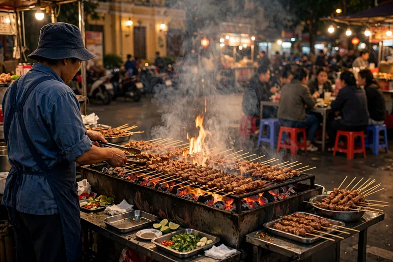 Overhead view of a Vietnamese street food feast with pho banh mi spring rolls and fresh herbs on a metal table (2)