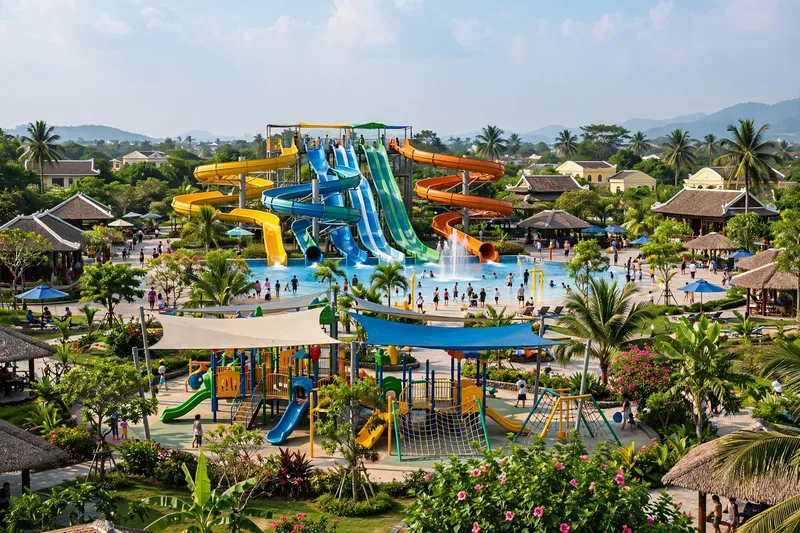 Children playing at a colorful family amusement park in Vietnam with water slides and parents nearby on a sunny day