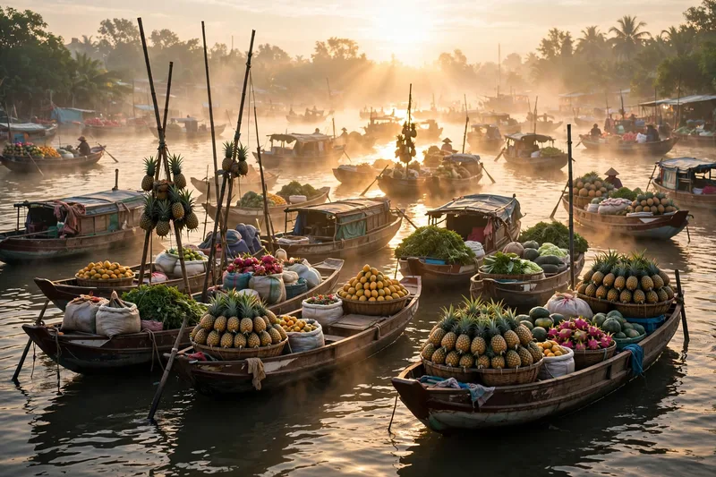 Wooden boats laden with pineapples at the Cai Rang floating market at dawn with golden mist on the water