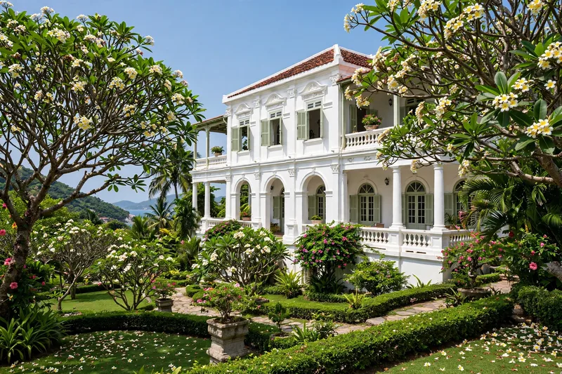 The white colonial Bach Dinh villa in Vung Tau with arched windows surrounded by frangipani trees and gardens