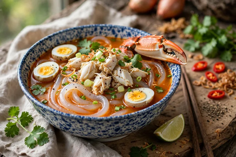Bowl of banh canh cua with thick chewy tapioca noodles crab meat quail eggs and herbs in a rich orange broth
