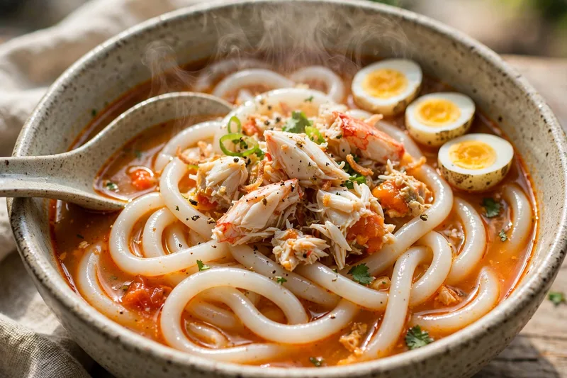 Bowl of banh canh cua with thick chewy tapioca noodles crab meat quail eggs and herbs in a rich orange broth (2)