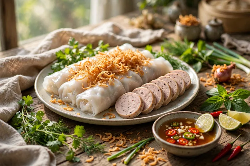 Plate of translucent steamed banh cuon rice rolls with sliced cha lua pork sausage fried shallots and a bowl of fish sauce