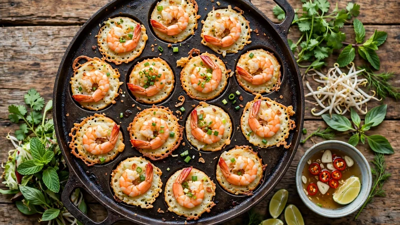 Golden banh khot pancakes topped with whole shrimp