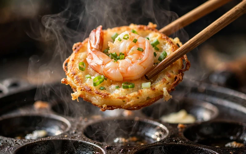 Golden banh khot pancakes topped with whole shrimp (2)