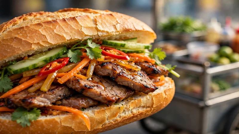 Saigon banh mi with crispy crust and fresh fillings