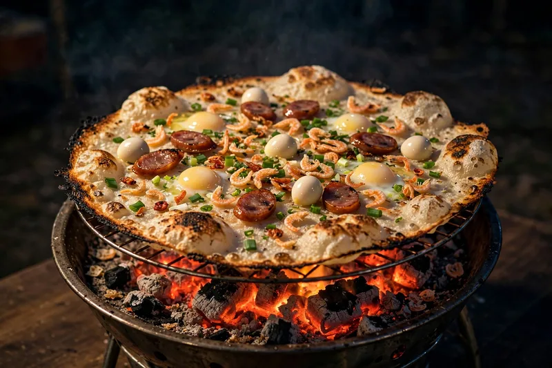 Grilled rice paper topped with quail egg dried shrimp and scallions cooking over charcoal at a Saigon street stall at night