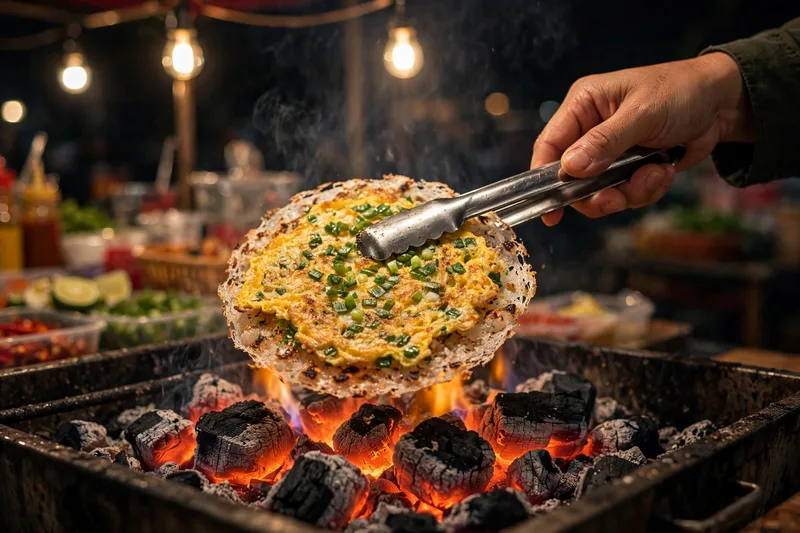 Grilled rice paper topped with quail egg dried shrimp and scallions cooking over charcoal at a Saigon street stall at night (2)