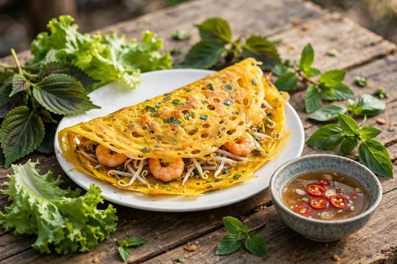 Golden turmeric banh xeo pancake folded on a plate with fresh lettuce herbs and a small bowl of fish dipping sauce on a Saigon street table