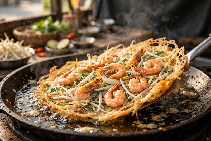 Golden turmeric banh xeo pancake folded on a plate with fresh lettuce herbs and a small bowl of fish dipping sauce on a Saigon street table (2)