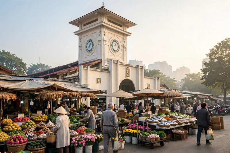 The iconic clock tower entrance of Ben Thanh Market in the morning with shoppers and stalls coming to life