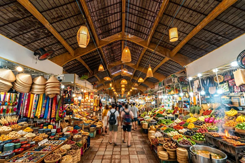 The iconic clock tower entrance of Ben Thanh Market in the morning with shoppers and stalls coming to life (2)