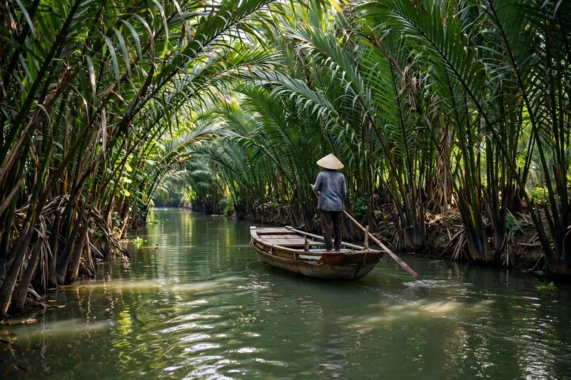 A wooden sampan gliding through a narrow nipa palm canal in Ben Tre with dappled sunlight on the water