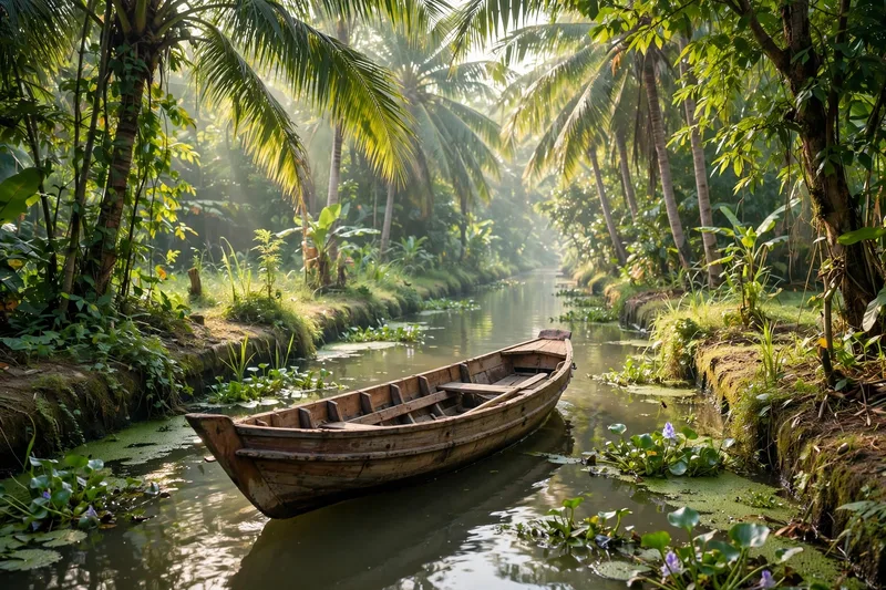 Small wooden boat drifting through a narrow Mekong Delta canal shaded by coconut palms in morning light