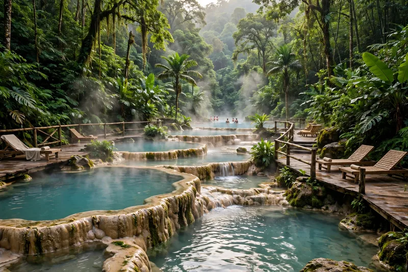 Steaming mineral pools at Binh Chau hot springs surrounded by tropical forest with wooden walkways between the baths