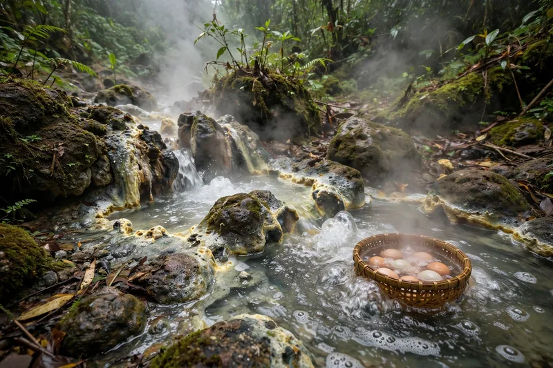 Steaming mineral pools at Binh Chau hot springs surrounded by tropical forest with wooden walkways between the baths (2)