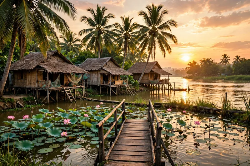 Traditional thatched roof houses and coconut palms along the Saigon River at Binh Quoi village at sunset