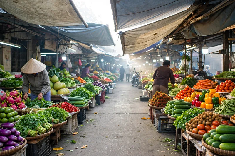 Early morning at Ba Chieu Market in Binh Thanh with vendors arranging fresh produce under canvas awnings