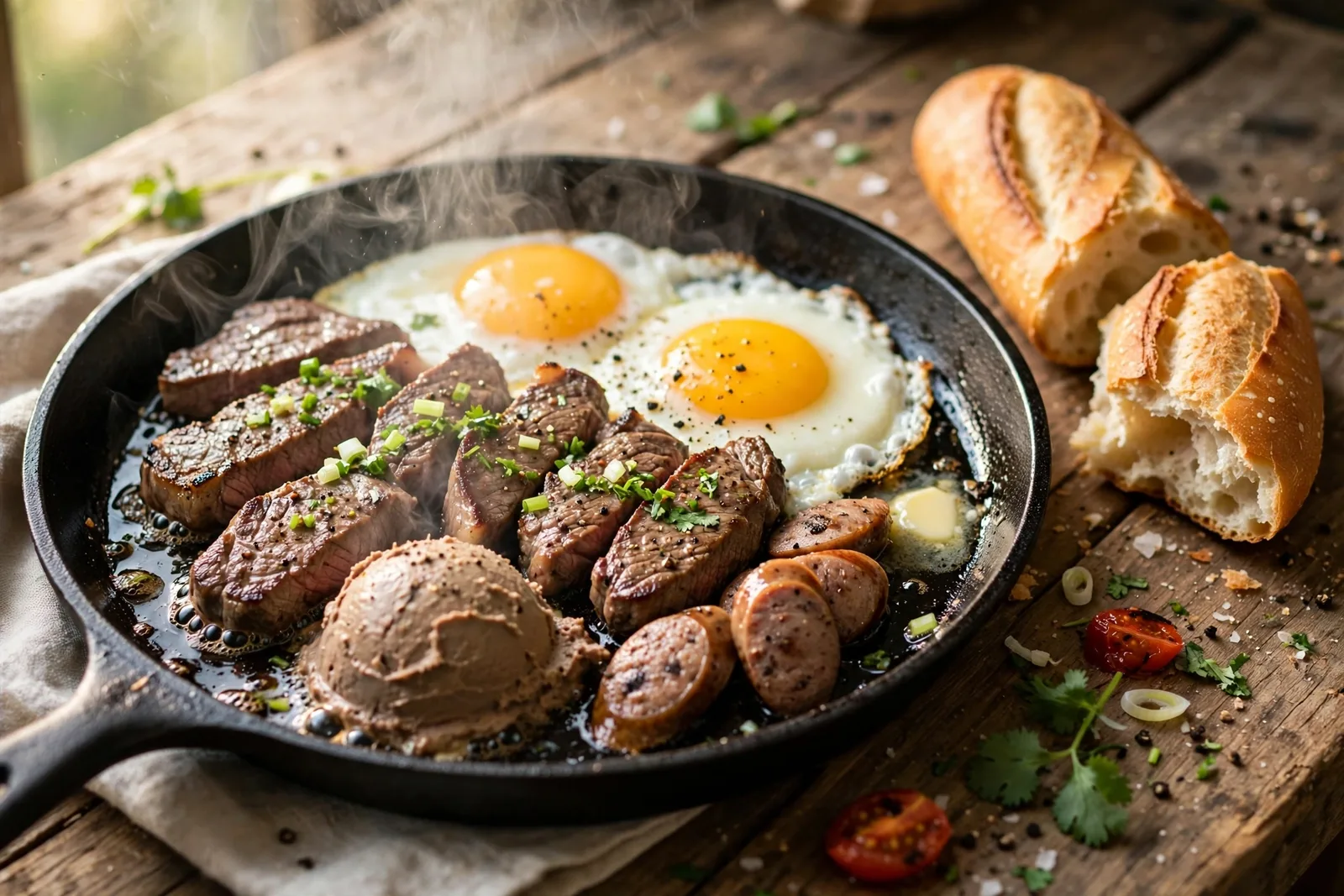Sizzling cast iron pan of bo ne with beef steak sunny side up eggs pate and sausage with a crusty baguette beside it