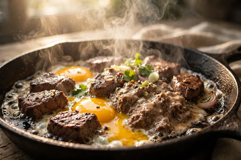 Sizzling cast iron pan of bo ne with beef steak sunny side up eggs pate and sausage with a crusty baguette beside it (2)