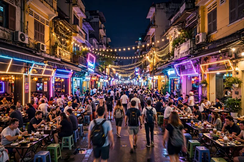 Neon lit Bui Vien street at night with crowded bars, outdoor tables, and travelers walking through the scene