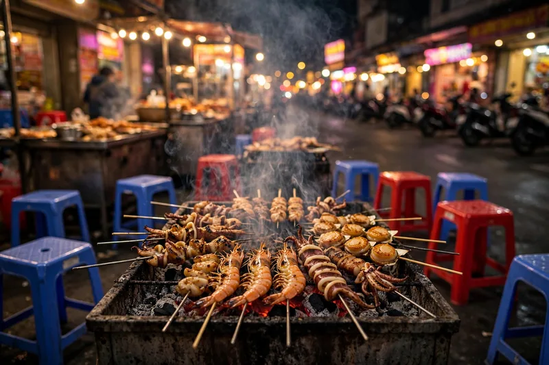 Neon lit Bui Vien street at night with crowded bars, outdoor tables, and travelers walking through the scene (2)