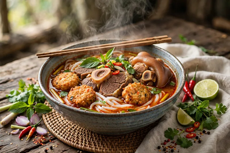 Steaming bowl of bun bo hue with sliced beef pork knuckle crab paste and red chili oil in lemongrass broth with fresh herbs