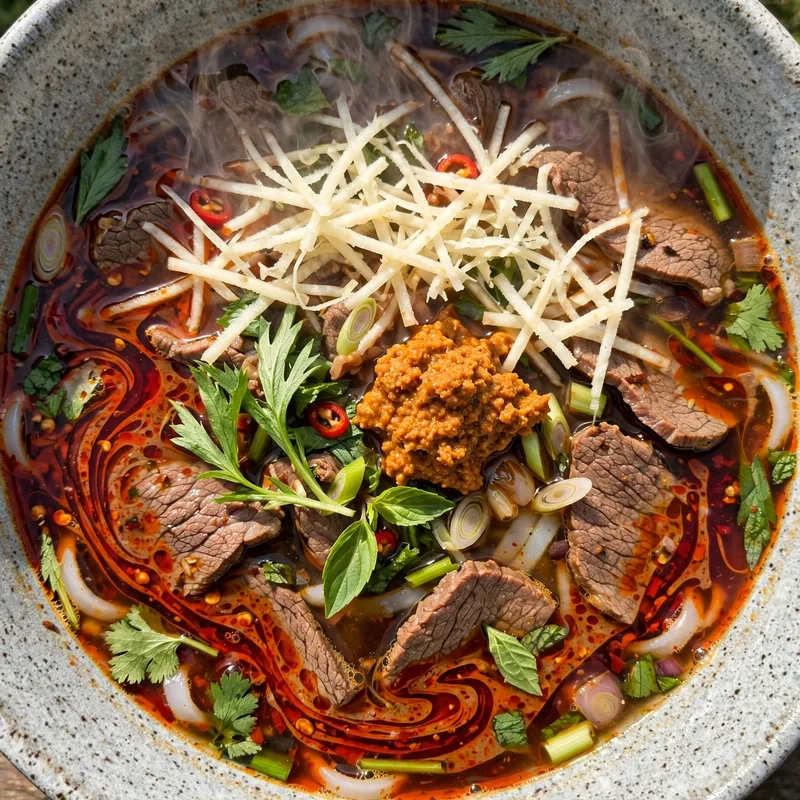 Steaming bowl of bun bo hue with sliced beef pork knuckle crab paste and red chili oil in lemongrass broth with fresh herbs (2)