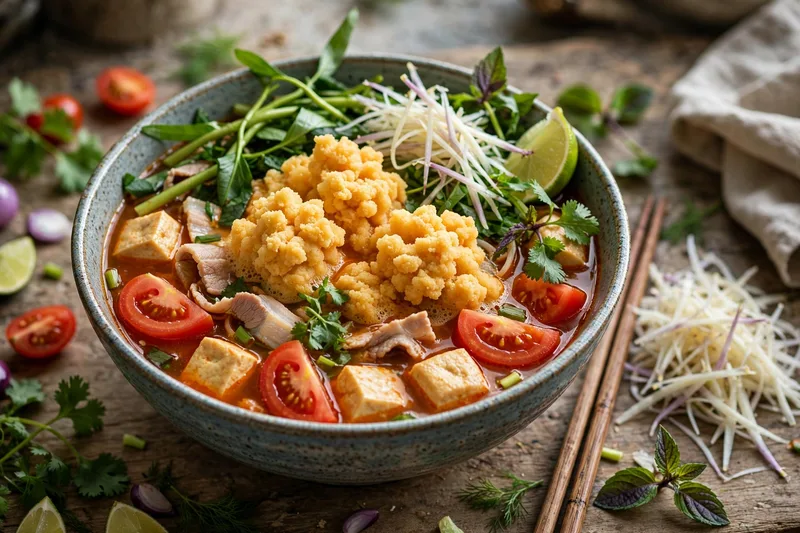 Bowl of bun rieu crab and tomato noodle soup with crab paste chunks tofu fresh tomatoes and a heap of water spinach and herbs