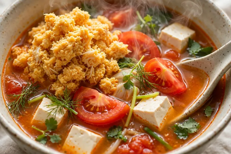 Bowl of bun rieu crab and tomato noodle soup with crab paste chunks tofu fresh tomatoes and a heap of water spinach and herbs (2)