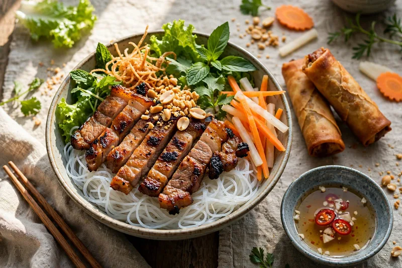 Bowl of bun thit nuong with charcoal grilled pork vermicelli spring rolls pickled vegetables crushed peanuts and fresh herbs