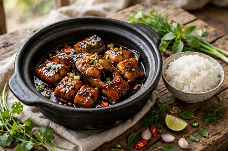 Caramelized catfish in a traditional claypot with glossy dark sauce, served with steamed rice and fresh herbs