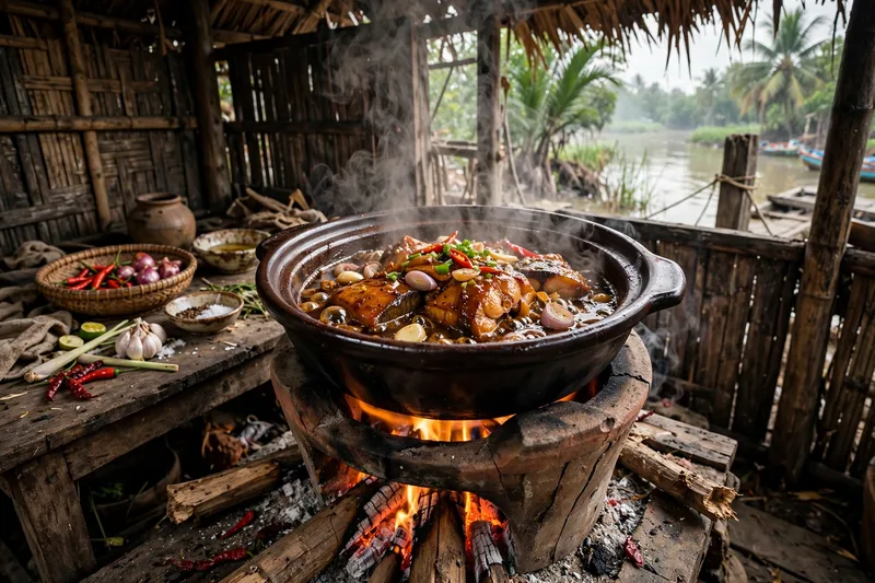 Caramelized catfish in a traditional claypot with glossy dark sauce, served with steamed rice and fresh herbs (2)