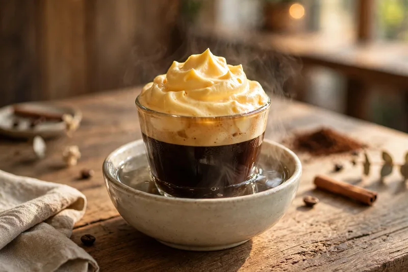 Cup of Vietnamese egg coffee with thick golden whipped egg foam over dark coffee served in a bowl of hot water on wood