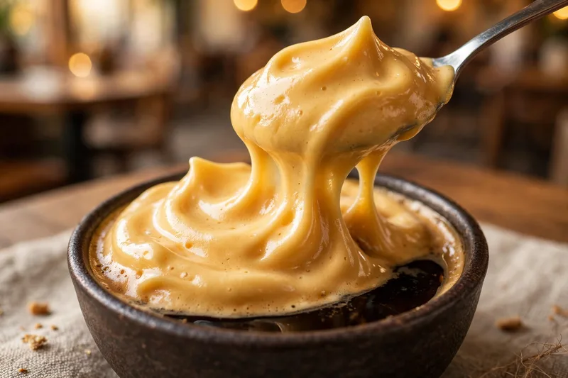 Cup of Vietnamese egg coffee with thick golden whipped egg foam over dark coffee served in a bowl of hot water on wood (2)