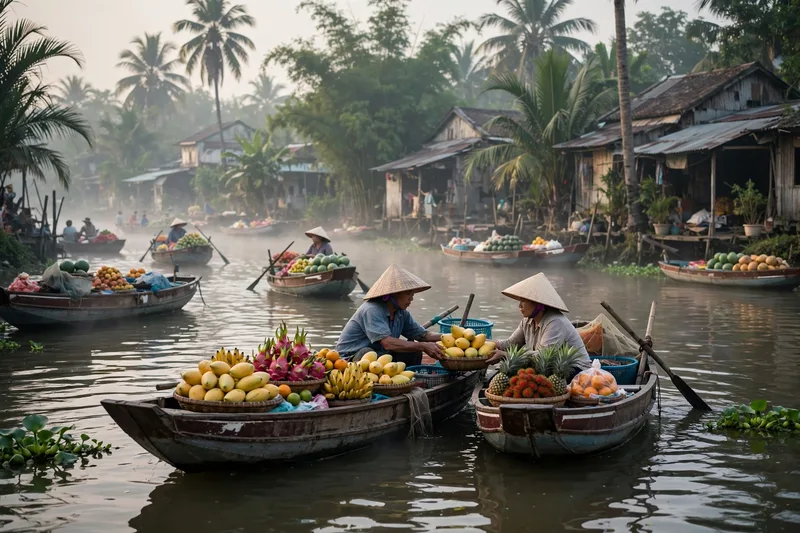Small wooden boats trading fruit at Cai Be floating market in the morning with riverside houses behind