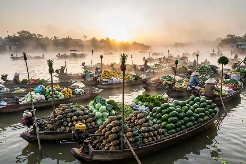 Cai Rang floating market at dawn with wooden boats piled high with pineapples watermelons and vegetables