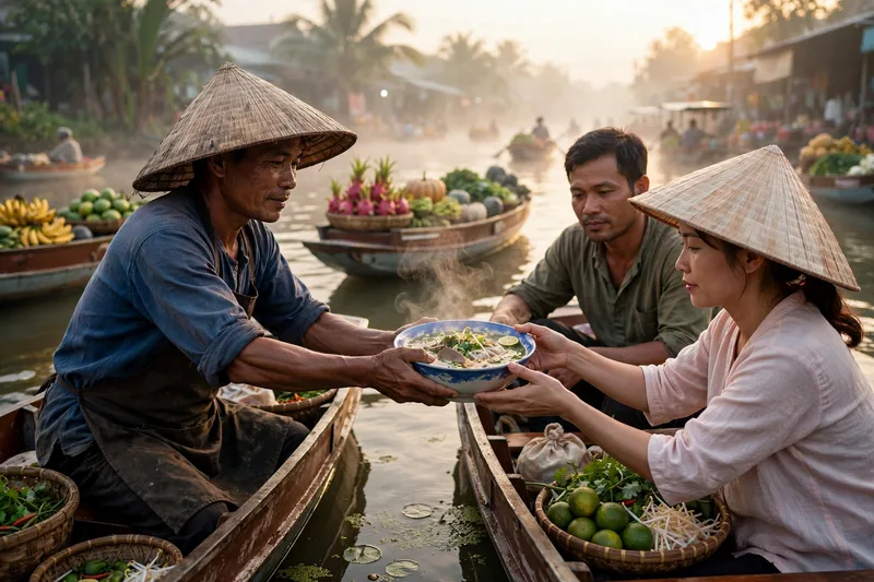 Cai Rang floating market at dawn with wooden boats piled high with pineapples watermelons and vegetables (2)