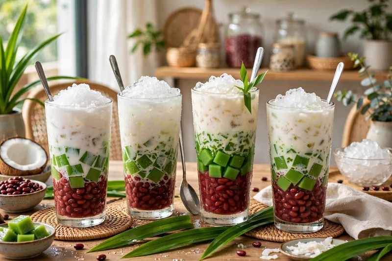 Tall glasses of colorful che dessert with layered beans jelly coconut milk and crushed ice on a dessert shop table