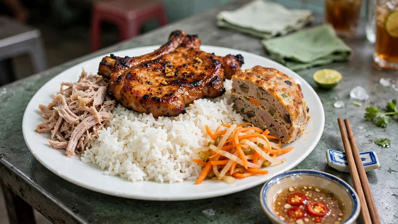 A classic com tam plate with grilled pork chop, shredded pork skin, egg meatloaf, fried egg, pickles, and nuoc cham in Saigon