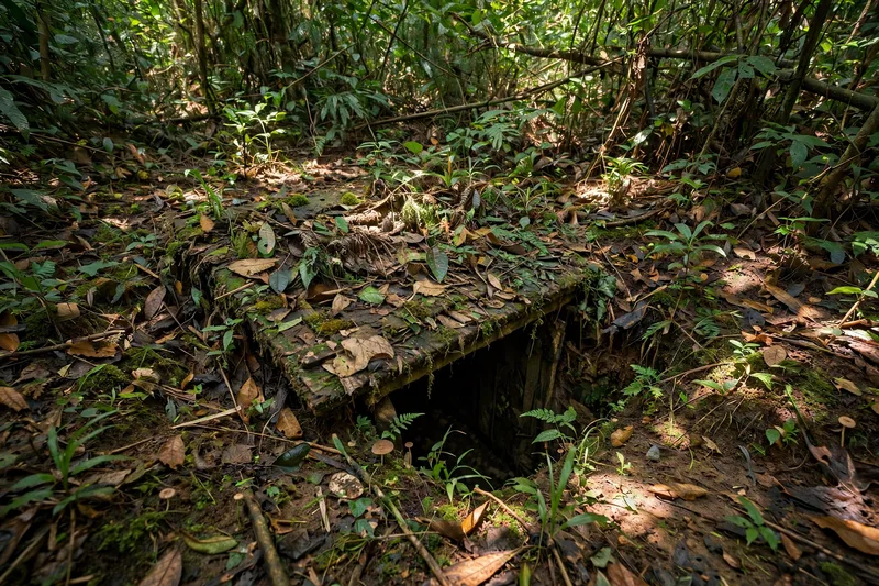 Camouflaged tunnel entrance hidden among dense jungle at the Cu Chi Tunnels historic site