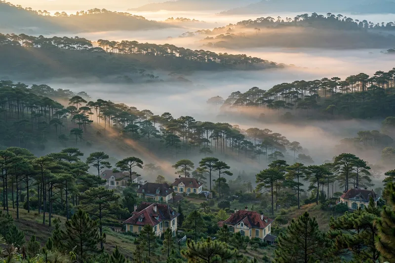 Misty pine hills around Da Lat at sunrise with French colonial villas scattered through the valley below