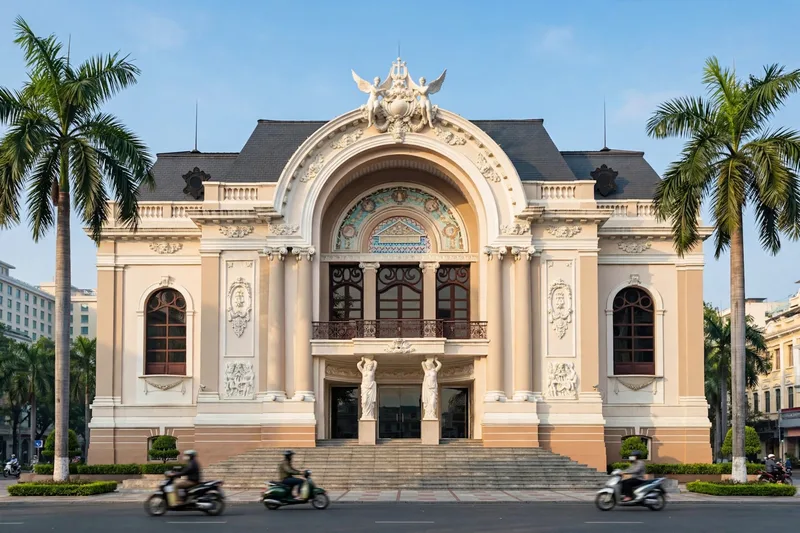 Morning view of the Saigon Opera House with palm trees and motorbikes passing along Dong Khoi Street