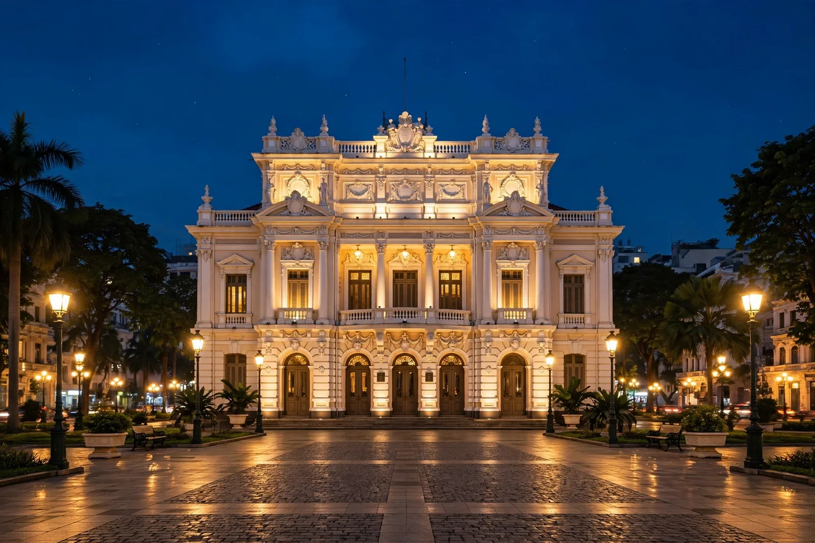 The grand white facade of the Saigon Opera House at Lam Son Square with evening lights glowing