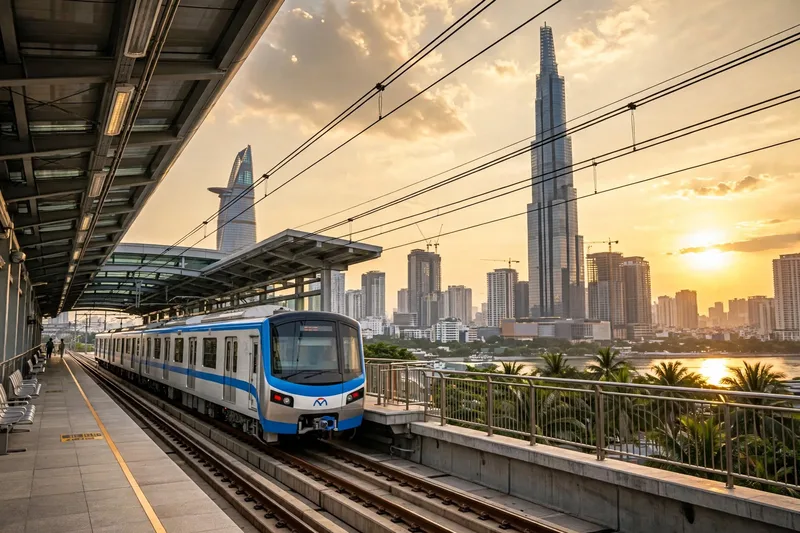 Modern Saigon metro train arriving at an elevated station with the city skyline behind it at golden hour
