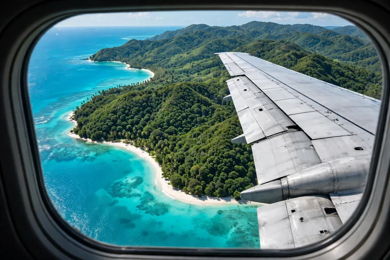 Airplane wing over turquoise sea approaching a lush tropical island with white sand beaches