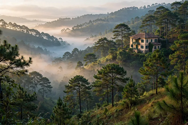 Pine covered hills and a French colonial villa above Da Lat valley in soft morning mist